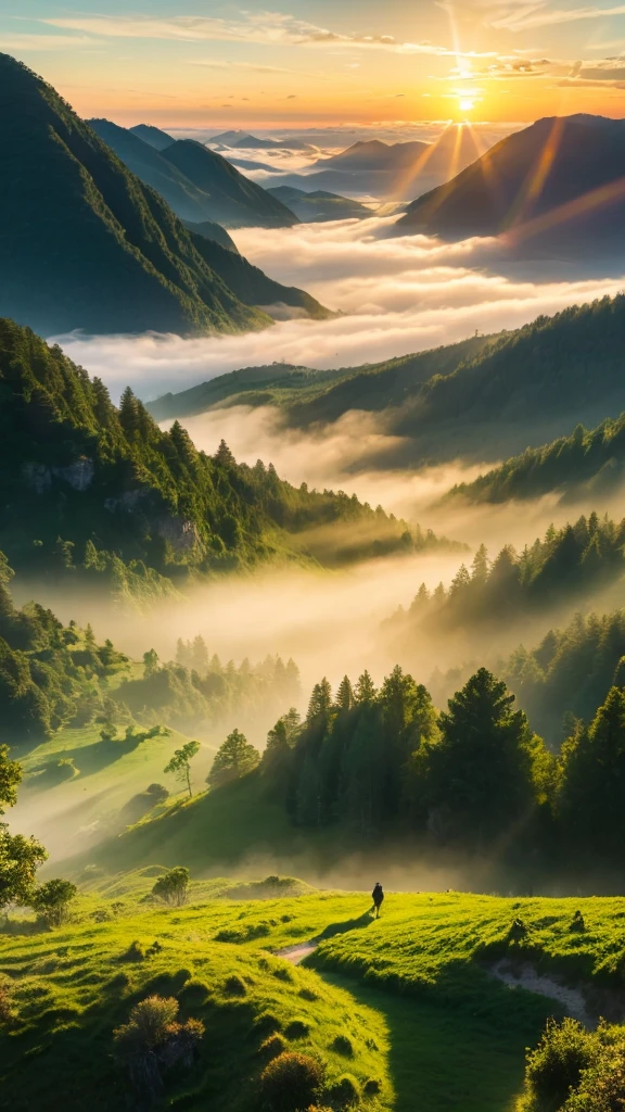 masterpiece,best quality,ultra detailed Breathtaking sunrise fog green