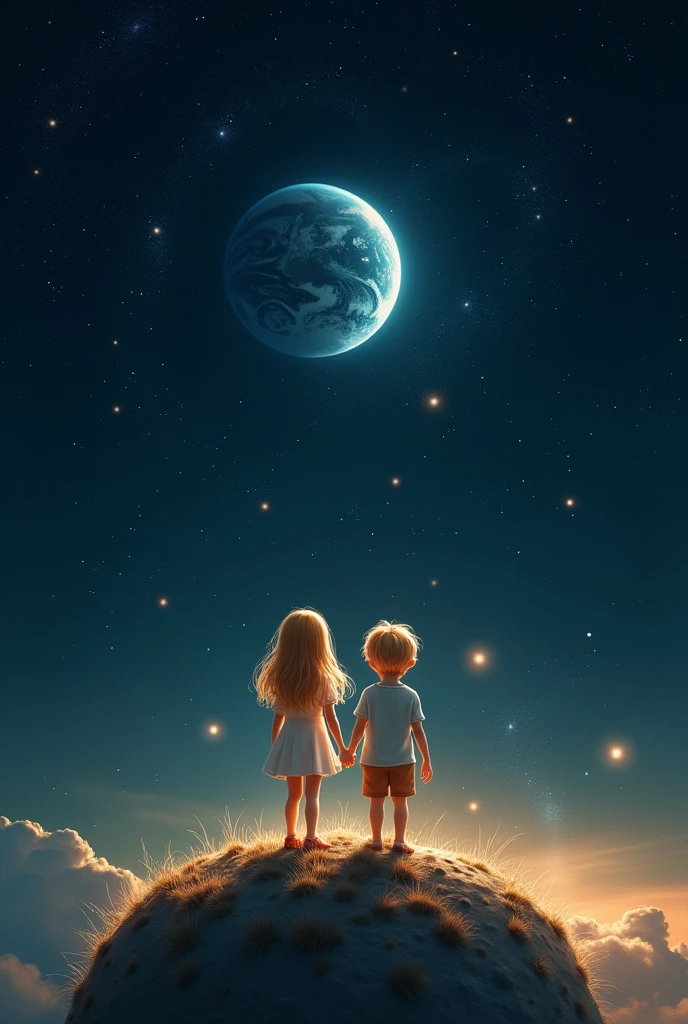 star々が輝く宇宙空間の小さな惑starから金髪の少女と少年が手を繋いで地球を眺める後ろ姿