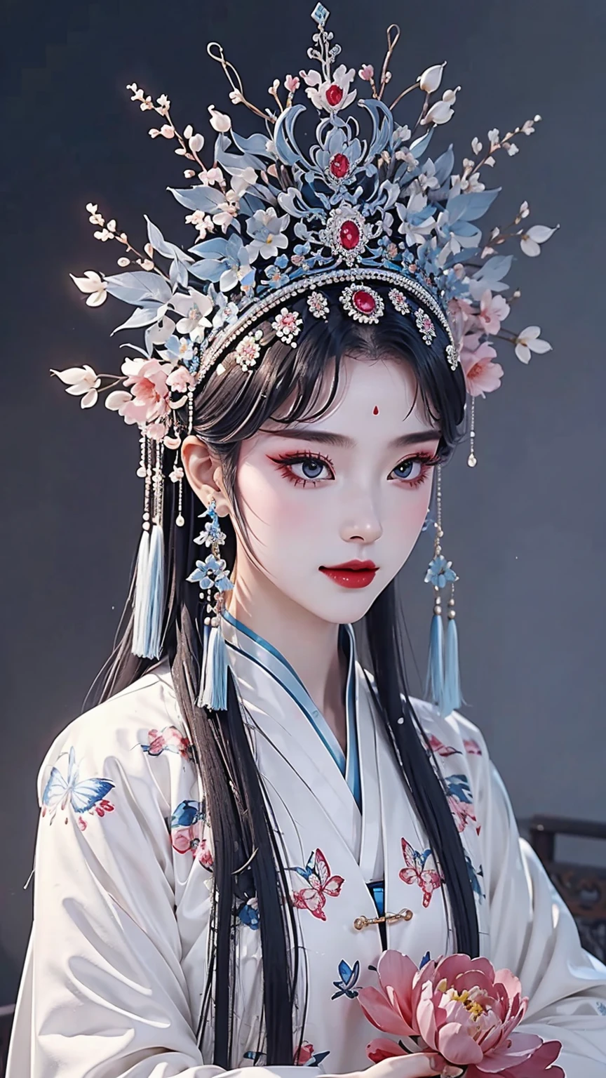 (masterpiece, best quality:1.2，lifelike：1.37), antiquity，Chinese style illustrations：（1 girl, alone，），portrait，Detailed drawing of eyes，eyelash，blush，laughing out loud，long hair，Exquisite makeup，Exquisite headdress，blueGorgeous Hanfu，blur background，Simple，glowing butterfly，Blue：1.37，huge peony flower：1.37