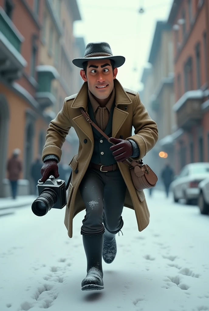 A want a Russian journalist character. with a vintage camera on his hand. running from something in a snow old city. The man is in the med of 30s. The time of the character is in the 1900s. The character is animation 3d Pixar and Disney style. Full body as a Movie poster. with face expression. Only in pixar cartoon style. He is wearing a black boots. And vintage jacket with flat hat. Adventure. Action.