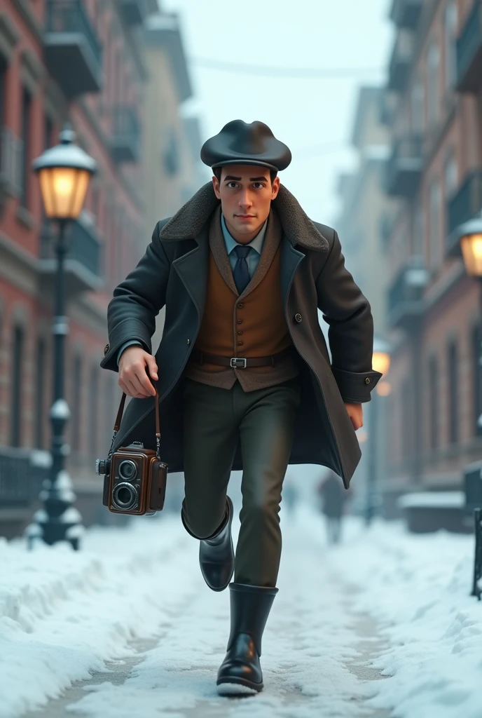 A want a Russian journalist character. with a vintage camera on his hand. running from something in a snow old city. The man is in the med of 30s. The time of the character is in the 1900s. The character is animation 3d Pixar and Disney style. Full body as a Movie poster. with face expression. Only in pixar cartoon style. He is wearing a black boots. And vintage jacket with flat hat. Adventure. Action.