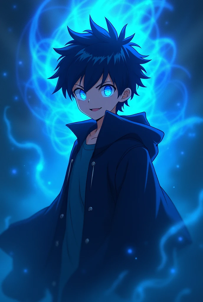Smiling in power Anime boy's shadow with dark blue hair and blue glowing eyes with blue mist around him