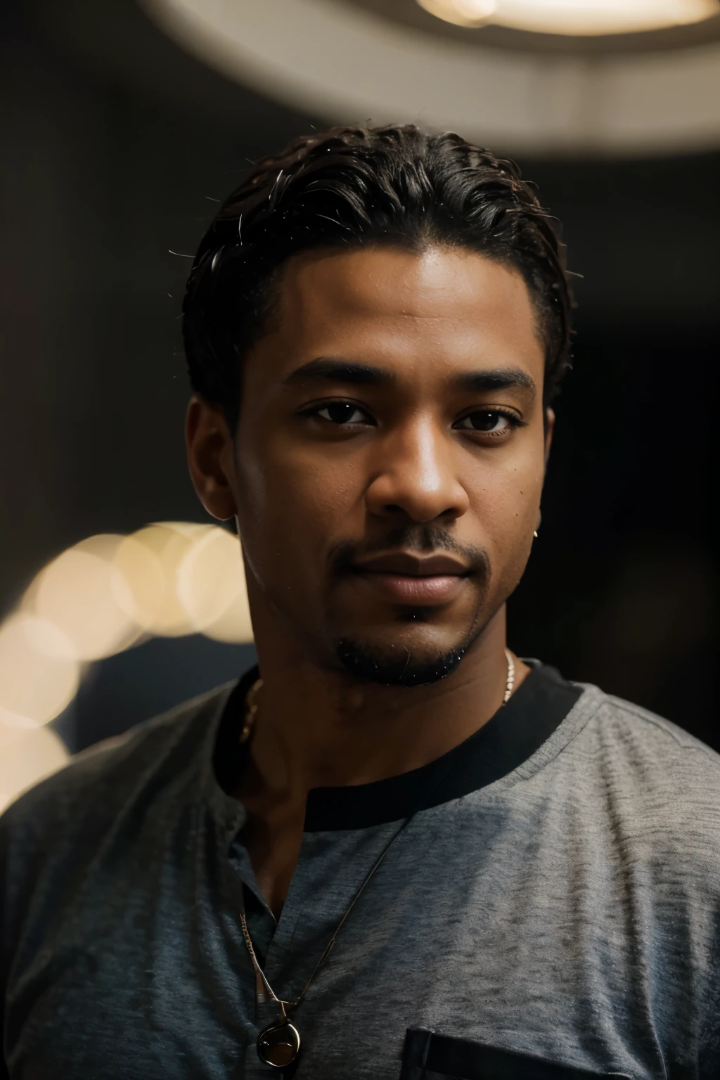 a handsome African American man in his early 30s, with kinky black hair, brown eyes, and a goatee, wearing a casual outfit, in a cinematic disco lighting setting, headshot, realistic, (best quality,4k,8k,highres,masterpiece:1.2),ultra-detailed,(realistic,photorealistic,photo-realistic:1.37),HDR,UHD,studio lighting,ultra-fine painting,sharp focus,physically-based rendering,extreme detail description,professional,vivid colors,bokeh,portrait