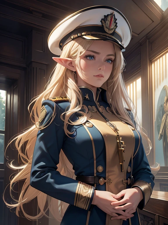 masterpiece, Highest quality, Highly detailed CG Unity 8K wallpapers,((whole body, woman1people)), ((Spaceship bulkhead)), (Long pointy ears), Elegant long wavy platinum blonde hair, ((Average Chest Circumference, Self-illuminating skin)), ((Military uniforms have a strong ceremonial element)), (Ceremonial military hat), (blush), , (A tense look), (A ceremonial pose), cute, Symmetrical face, fine grain, Key Art, Awards, intricate detail realism hdr, Photorealism, Hyperrealism, Ultra-realistic, Dramatic Light, Nice views, Written boundary depth,