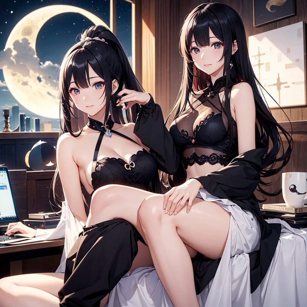 To the computer、Woman enjoying online shopping。Crescent moon accessories、Enhances her calm expression。Black tea。Book。Anime Style。Ultra HD。Crescent moon in the background。A woman who is likely to be liked by other women。