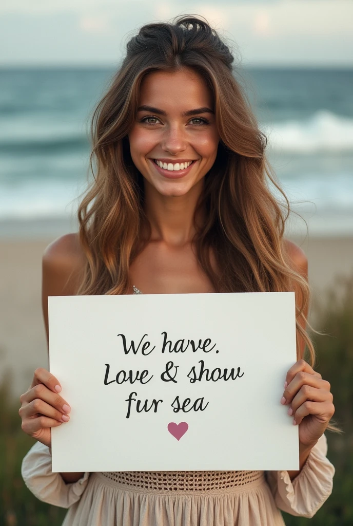 Beautiful girl with wavy long hair, bohemian dress, holding a white board with text "I Love Seaart Infinity" and showing it to the viewer