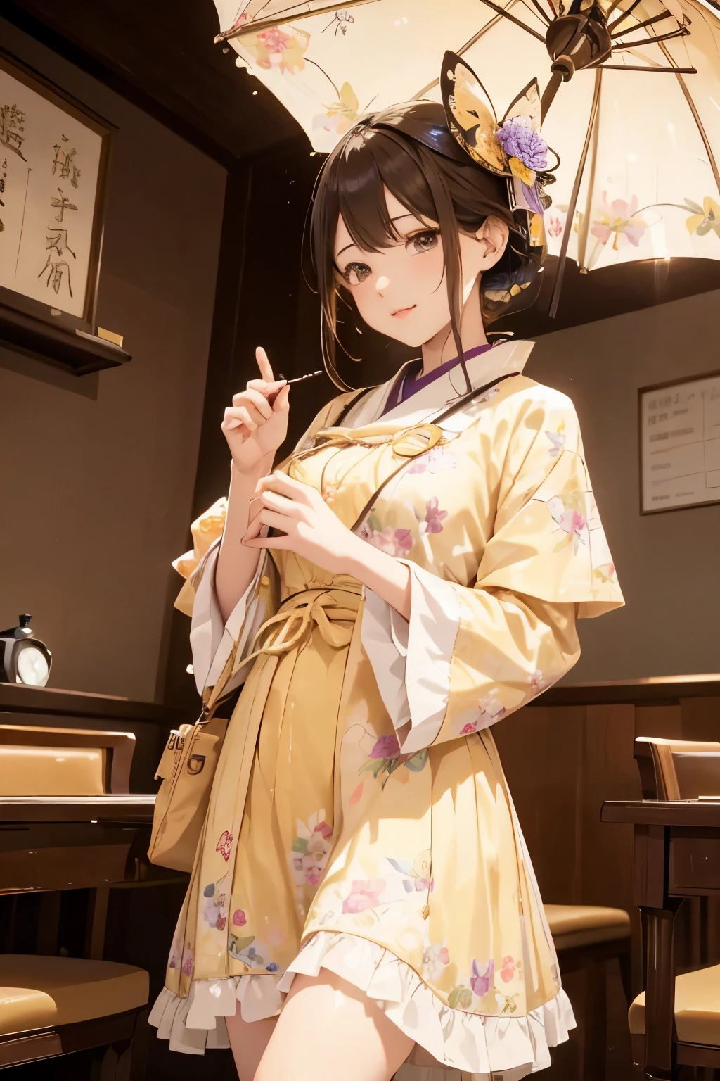 Taisho periodカフェ、Coffee shop calm atmosphere、girl２people、gramophone、menu、coffee、Shortcake、people物にフォーカス、Taisho period、Schoolgirl clothes、Yellow floral dress、Green ribbon、Kimono with butterfly and flower pattern、Carrying a purple drawstring bag with a floral pattern、Lace white parasol masterpiece, best quality, detailed, hyper detailed, insanely detailed, exquisite, beautiful, 16K,masterpiece, best quality, detailed, ultra detailed, hyper detailed, insanely detailed, exquisite, beautiful, a
bsurdres, 16K absurdres,、Smile and chat、Taisho Retro、Nostalgic atmosphere、people物にフォーカスする、Perfect Face、beautiful





