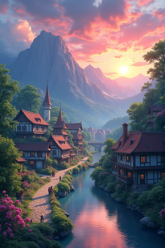 a small village by the river, mountains in the background, floral flowers colorful, detailed landscape, Beautiful natural landscapes, atmospheric lighting, scorching sunset, warm colours, practical, photopractical, Detailed Foliage, complex buildings, cobblestone street, Charming country house, swirly vibrant colors, lush vegetation, Still water reflections, Picturesque, idyllic, work of art, best qualityer, 8k, extremely detaild,anime styling