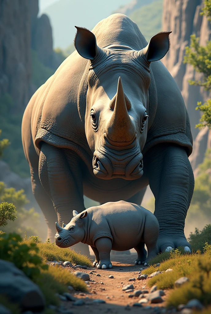 Size: 1024x1024
/imagine prompt: A dramatic scene of a rhinoceros victorious over a hippopotamus in a wild and rugged setting. The rhinoceros stands triumphantly, showing strength and dominance, while the hippopotamus appears subdued. The environment is lush and vibrant, with detailed textures and dynamic lighting. Midjourney style. --v 5 --ar 16:9 --q 2 --style "Midjourney"
