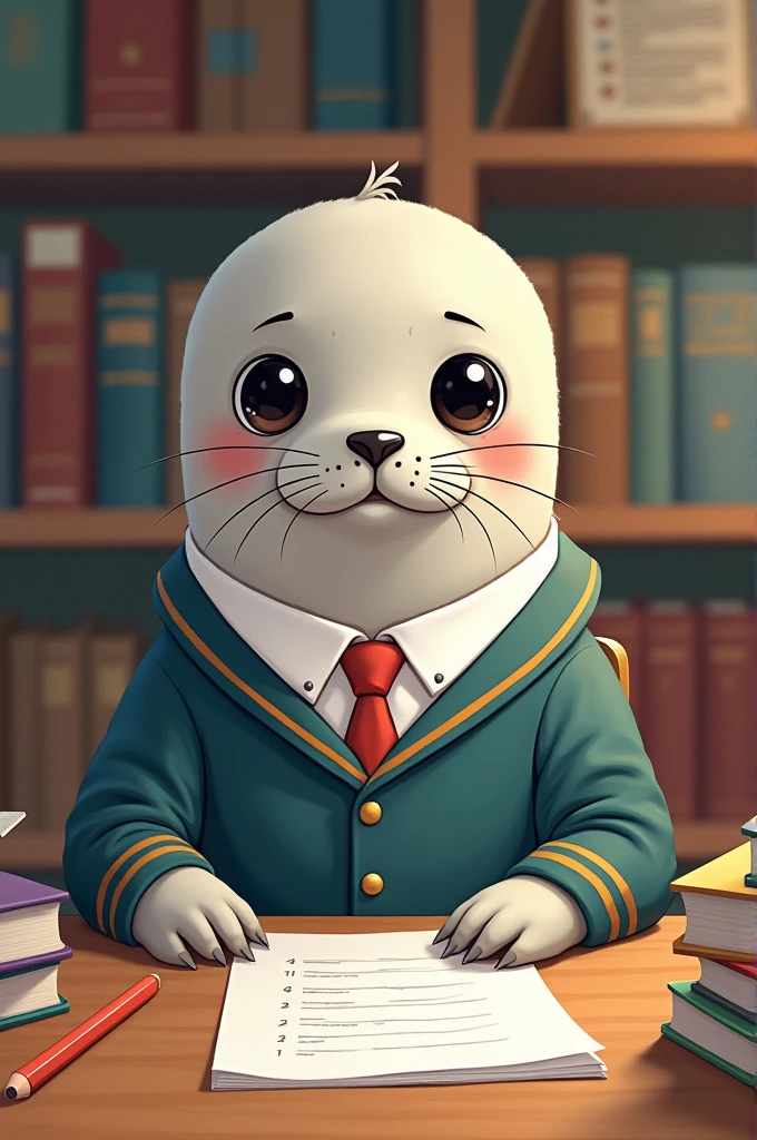 Imagine a drawing of a seal taking a test