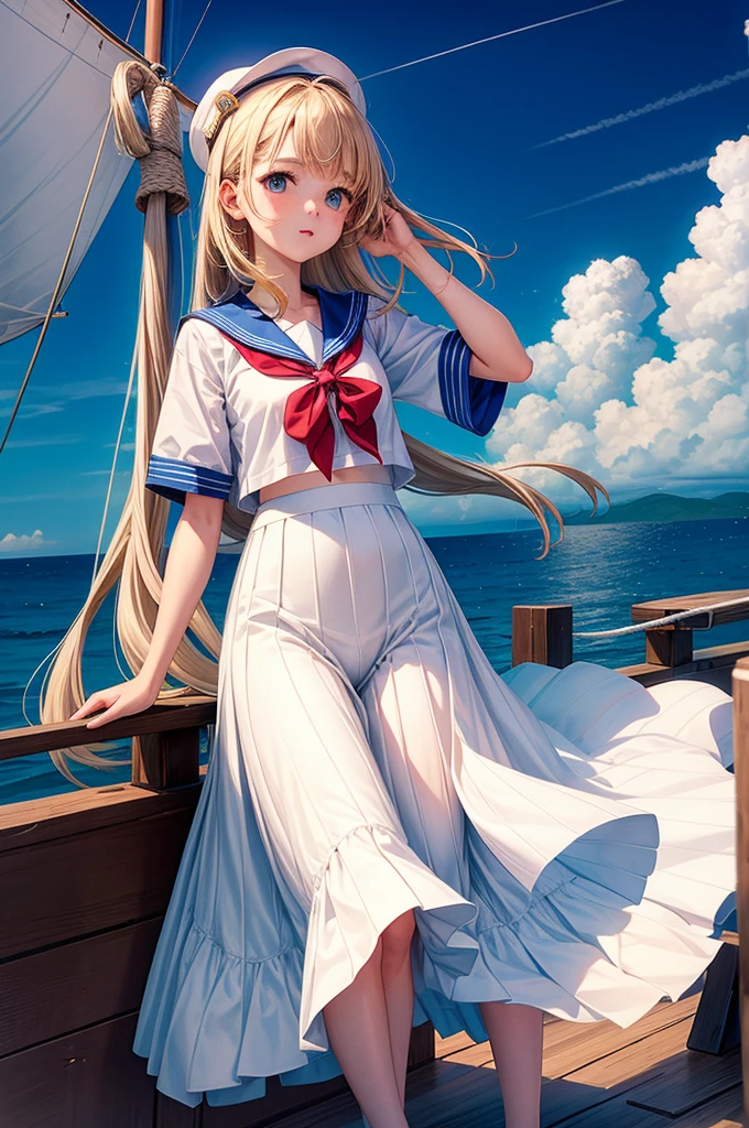 One Girl, Highest quality、Cinema Lighting、Sailor suit、Long skirt、 sailboat(Galleon)Deck of、White panties,On the mast of a ship