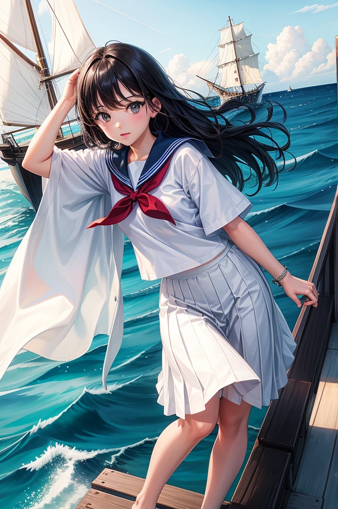 One Girl, Highest quality、Cinema Lighting、Sailor suit、Long skirt、 sailboat(Galleon)Deck of、White panties,On the mast of a ship