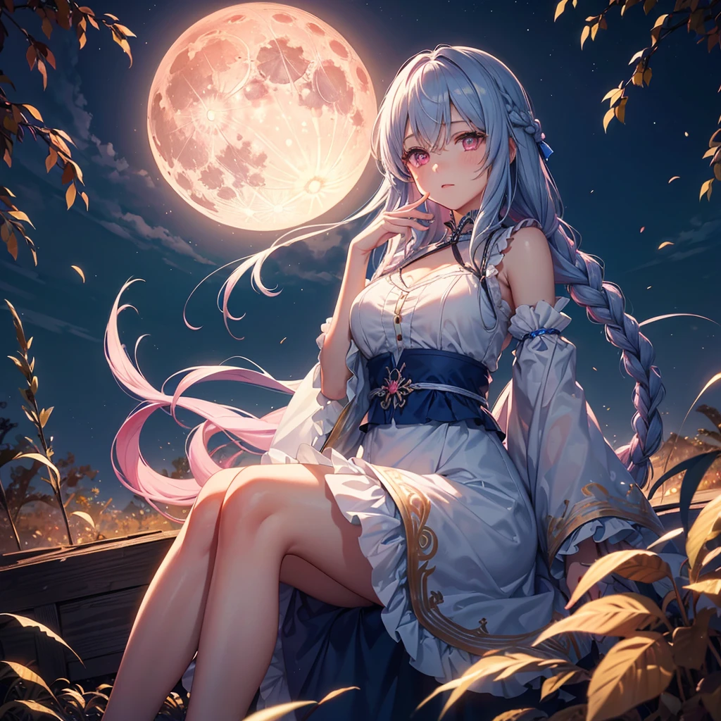 (Sky blue braided medium length hair), (Pink eyes),(Fair skin) ,(whole body),(One Girl),(harvest moon),(A large amount of Miscanthus sinensis in the background),autumn,(full moon),(masterpiece, Highest quality, Very detailed, Best Shadow), (Detailed Background), (Beautifully detailed face), High Contrast, (Best lighting, Very delicate and beautiful), ((Cinematic Light)), Hyper Detail,8k, Dramatic Light, Intricate details
