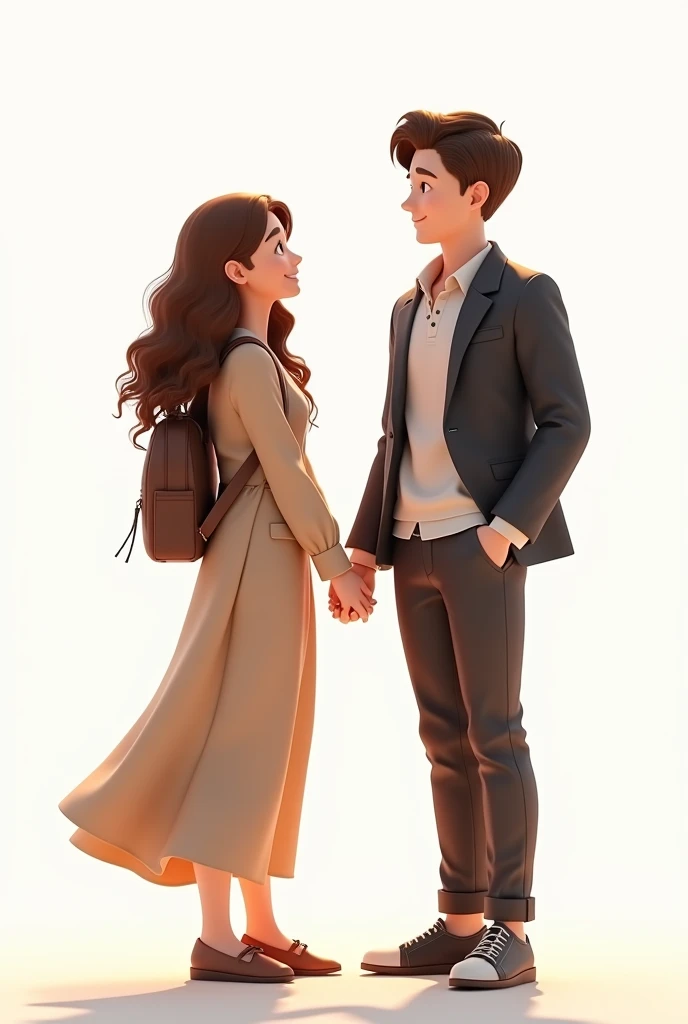 C4D Model,Young couple,Anime style,The eyes of boys and girls have a sense of brushing,A brown girl with long curly hair wearing a casual long skirt suit and a small backpack,Boys short brown hair,Wearing a casual and handsome suit,The two of them are full of hope for the future,Background white,highly,Volumetric light,happy up view 3:4 Ultra HD 4k,webp