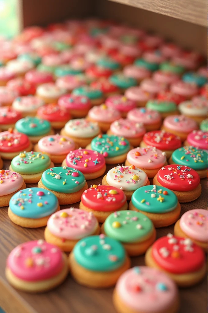 colorful cookies arranged on a shelf