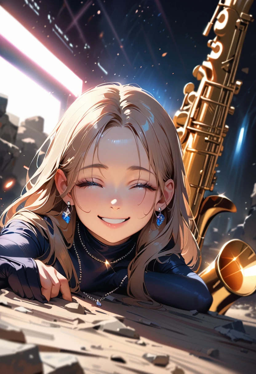 masterpiece, Highest quality, (((Ruined battlefield)))、(((Open your eyes wide and smile)))、Raising awareness, Sax Blue, プラチナEarrings, Platinum Necklace, Black bodysuit, One Girl, cute, (Dynamic Lighting:1.2), Cinema Lighting, Delicate facial features, Detailed eyes, Sharp pupils, Realistic student, Written boundary depth, ボケ Written boundary depth, Sharp focus, (Very detailed, bloom, Shine:1.4), Lots of little gems, (((long_hair))),　Twin tails、Earrings、分けた前hair、銀hair、whole body、Ultra close-up footage、The top is transparent up to the chest.、See-through design。The bottoms are a very short navy blue pleated skirt.、Fits snugly around the waist。The background is simple white.、this、The text is easier to see.。The light source is a soft light from the front....、The overall atmosphere is bright and clean....。