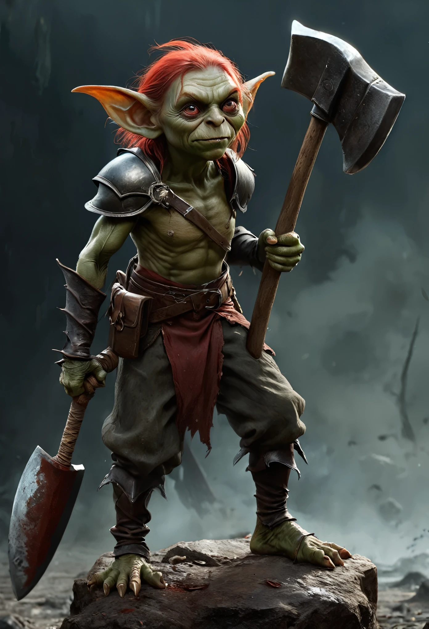 Realistic anime character, cute goblin femail, redhead, red eyes, full body portrait, holding a big hammer, little smile, in battle, dynamic composition, intricate gloomy background, dark fantasy style, dark arts, depth of field, blood of the enemies 