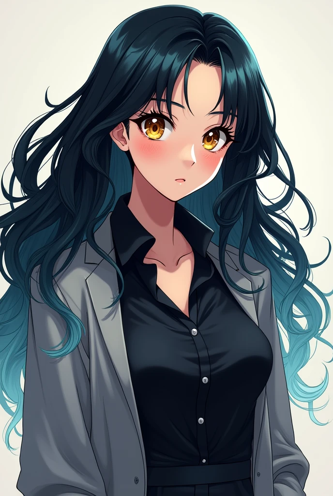 a tall girl, well formed body, eyes the color of honey, Long wavy black hair with light blue highlights, white test,a smart black shirt with a grey sweater, my hero academia style 