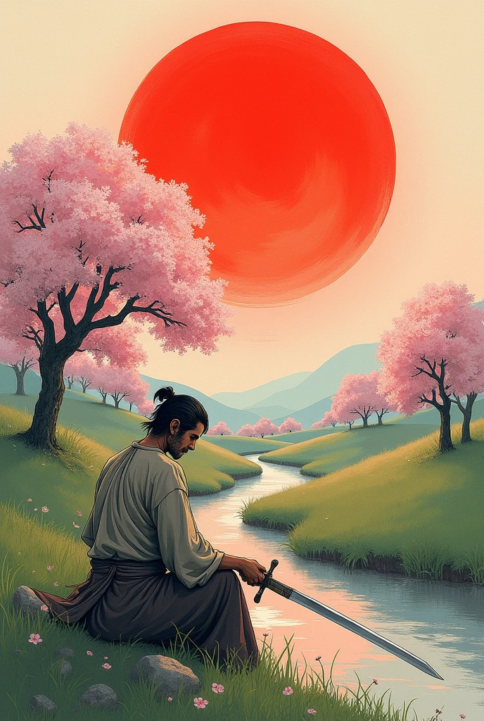 Drawing of a landscape with a peasant with a sword is sitting in the background a red sun with Sakura trees