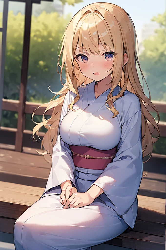 (Masterpiece, Top quality:1.5), (1 beautiful girl, solo), sitting, Blonde, medium Hair, wavy Hair, asymmetry bangs, swept bangs, airy hair, large breasts:1.2, 16 year old, standard weight, (yukata :1.3), open mouth, blush, beautiful scene of street, blurry background, magnificent panorama view, blurry background