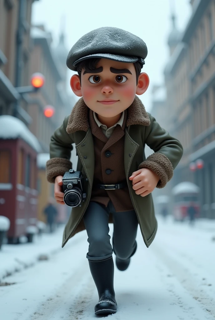 A want a Russian journalist character. with a vintage camera on his hand. running from something in a snow old city. The man is in the med of 30s. The time of the character is in the 1900s. The character is animation 3d Pixar and Disney style. Full body as a Movie poster. with face expression. Only in pixar cartoon style. He is wearing a black boots. And vintage jacket with flat hat. Adventure. Action. Cartoon style.