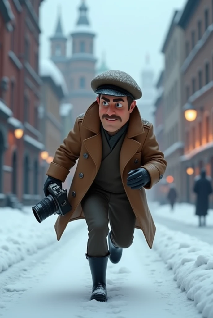 A want a Russian journalist character. with a vintage camera on his hand. running from something in a snow old city. The man is in the med of 30s. The time of the character is in the 1900s. The character is animation 3d Pixar and Disney style. Full body as a Movie poster. with face expression. Only in pixar cartoon style. He is wearing a black boots. And vintage jacket with flat hat. Adventure. Action. Cartoon style.