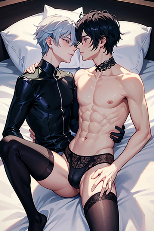 (angle)From the side
(Situation)Two men, young men, BL, homosexual, sleeping facing each other on a bed, kissing while looking at each other, in a dark room, Chinese style
(Common appearance) Cross-dressing man, delicate man, sexy lingerie, see-through Chinese dress, cross-dressing, see-through gloves, knee-high socks, see-through nipples, exposed nipples, pectoral muscles, penis visible, erect penis
(1st person) A boy around , black hair, purple eyes, ecstatic expression, shyness, feeling good, pectoral muscles, touching nipples
(Second Person) A man in his 20s with silver hair and green eyes, an ecstatic expression, embarrassed, and feeling good, spreading his legs and touching his crotch.