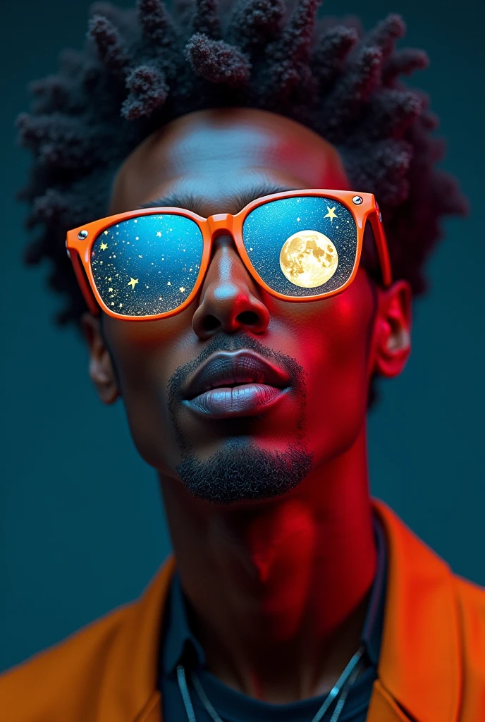 The model is wearing glass sunglasses with stars and the moon on the glass celebrating his birthday