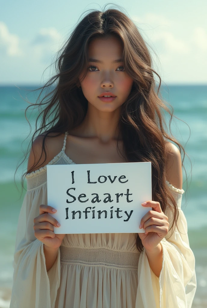 Beautiful girl with wavy long hair, bohemian dress, holding a white board with text "I Love Seaart Infinity" and showing it to the viewer