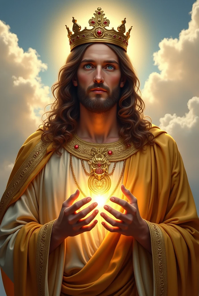 Perfect hand 5 finger, Portrait of a handsome Jesus Christ with light in his head and heart sparkling all over. wearing the gold king clothes with king crown in the clouds, Jesus Christ, real blue eyes, sunny day, intricate details.real Jesus Christ, straight head face, Straight body.Prayer Jesus Christ, perfect full body, perfect hands finger,Prayer Jesus Christ, praying Jesus Christ backgrounds natural photographic