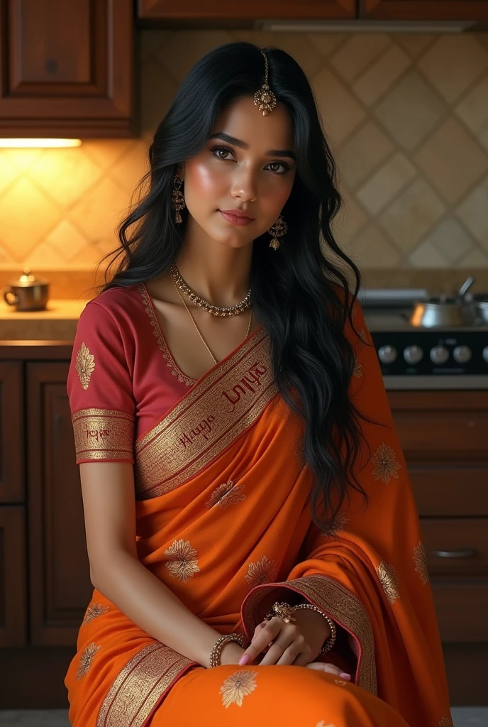 A beautiful girl wore a indian saree 
dress having name on chest pooja, sitting in the kitchen 