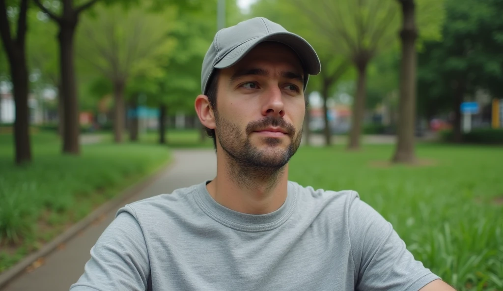 Make a man in a park with a t-shirt and cap, photo taken with your own cell phone