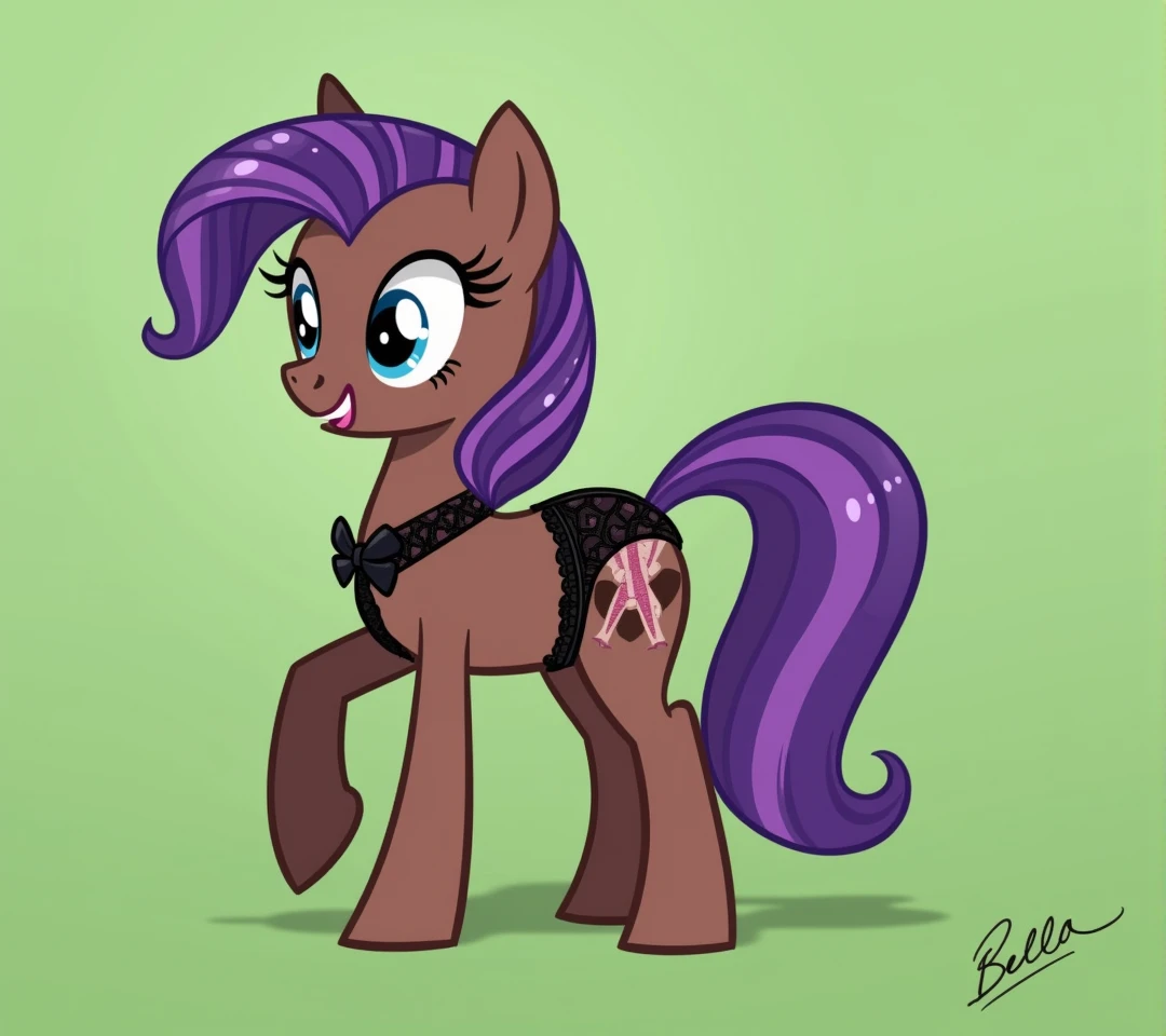 (My little pony), adult content, detailed face, black panties, purple hair, dark brown body, dark blue eyes, eyelids, eyeshadow, bow, (big breasts), seductive face, (high detailed), (black thong panties), lace camisole top, striped stockings, (cleavage line), text "Bella", erotic, sexy view, sexy pony, ((pixar style)), big butt, showing butt