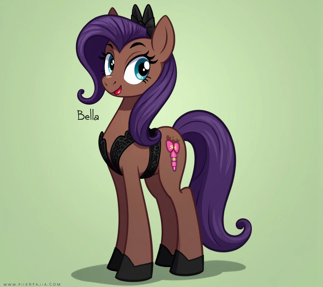 (My little pony), adult content, detailed face, black panties, purple hair, dark brown body, dark blue eyes, eyelids, eyeshadow, bow, (big breasts), seductive face, (high detailed), (black thong panties), lace camisole top, striped stockings, (cleavage line), text "Bella", erotic, sexy view, sexy pony, ((pixar style)), big butt, showing butt