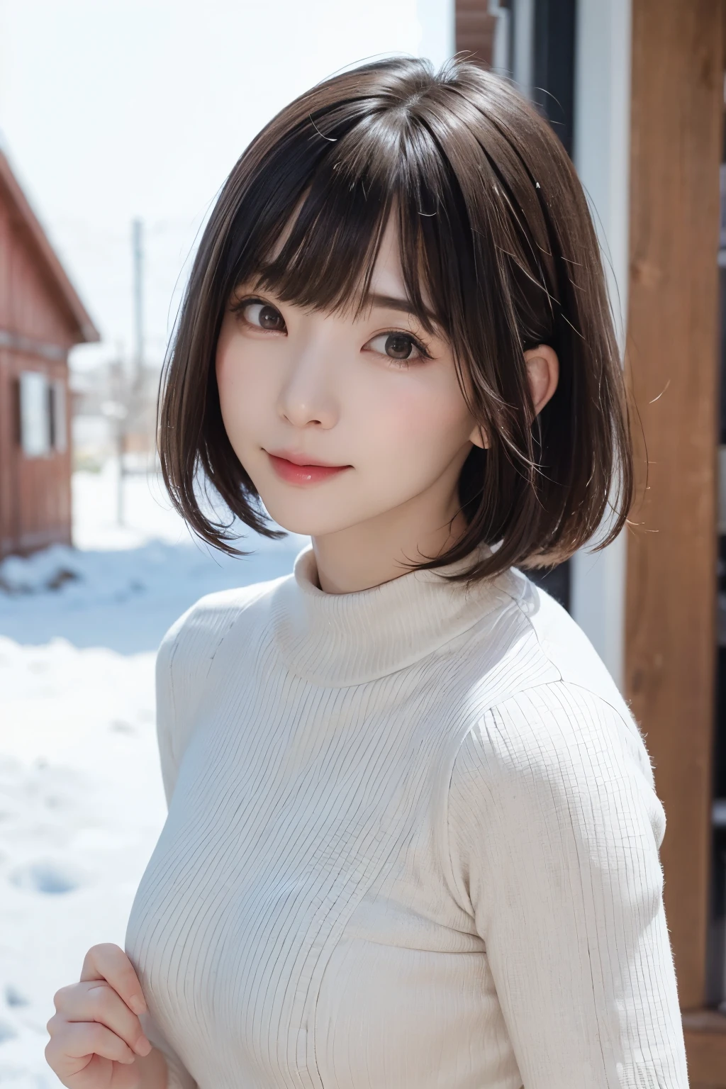 (masterpiece, Highest quality),One Girl, alone, hyper Realistic, Realistic,Realistic, Looking at the audience, Light brown eyes:1.4,Brunette Short Bob Hair with highly detailed shiny hair, Brightly colored winter clothes, Lepangas:1.4), Plein Air, Mouth closed, Upper Body、big chest eye、eyelash、{Hugeな|big chest|Hugeなな|Mega} chest:2, chestの谷間:2、{Huge|big|Hugeな|Mega} chest:2, chestの谷間:2、(((big chest eye、Short Bob Hair、Glowing Skin、Shiny Hair、Student Highlights、Gazing at the audience、She is very beautiful and cute、Listen carefully、Long neck、smile、Close your mouth and smile、bangsと美しい歯、bangs、Perfect Anatomy)))、Ideal body type、(Snowy tree-lined road in winter in Norway, Out of focus background)、美しいLong neck:1.4、Very attractive, Beautiful and cute woman