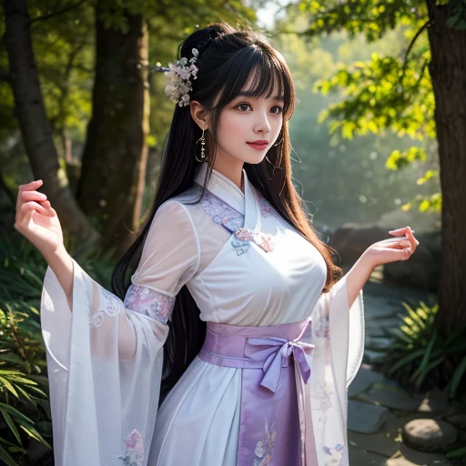 best quality, Delicate face,beautiful visual work, lifelike, eternity, black hair, Long curly hair, blunt bangs, Smile, Detailed Background, Delicate face,blush,cold,((masterpiece))、(top quality)、8k、high detail、Super detailed,31 years old,woman,Wearing Tang Dynasty Hanfu、beltskirt, Clothes are Light and fluffy,Hanfu, Wide sleeves, Transparent sleeves, Long sleeve, coat, Clothes made of chiffon, masterpiece、born、Scenes resembling fairy tale illustrations、intricate details和複雜的設計、Beautifully、magic、capricious、 Beautifully、dream想美學、「𝓡𝓸𝓶𝓪𝓷𝓽𝓲𝓬、ethereal、charming、fickle、magic」、realism、Visual effects、FXAA、SSAO、Shader、voiceless、ambient Lighting、Tone mapping、High resolution、Ultra high quality、Million pixels、(8K resolution:1.10)、8k、8k以下、8K resolution、high detail、intricate details, (high quality:1.2、masterpiece:1.2、:1.21)、(31 years old,woman:1.21)、(興奮地Smile)、(被dream般的氛圍所包圍、Model diagram,full-body shot,Normal 2 feet,Put your hands behind your back,Breast protrusion visible when wearing clothes, Large Breasts, H cup chest, Ancient, Xian Xia, gauze clothes, Soft and elegant, Fairy, dream, fantasy, Light, elegant, nature, immortal, Romantic, classical, ribbon, Light purple clothes,In the forest