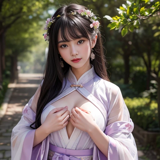 best quality, Delicate face,beautiful visual work, lifelike, eternity, black hair, Long curly hair, blunt bangs, Smile, Detailed Background, Delicate face,blush,cold,((masterpiece))、(top quality)、8k、high detail、Super detailed,31 years old,woman,Wearing Tang Dynasty Hanfu、beltskirt, Clothes are Light and fluffy,Hanfu, Wide sleeves, Transparent sleeves, Long sleeve, coat, Clothes made of chiffon, masterpiece、born、Scenes resembling fairy tale illustrations、intricate details和複雜的設計、Beautifully、magic、capricious、 Beautifully、dream想美學、「𝓡𝓸𝓶𝓪𝓷𝓽𝓲𝓬、ethereal、charming、fickle、magic」、realism、Visual effects、FXAA、SSAO、Shader、voiceless、ambient Lighting、Tone mapping、High resolution、Ultra high quality、Million pixels、(8K resolution:1.10)、8k、8k以下、8K resolution、high detail、intricate details, (high quality:1.2、masterpiece:1.2、:1.21)、(31 years old,woman:1.21)、(興奮地Smile)、(被dream般的氛圍所包圍、Model diagram,full-body shot,Normal 2 feet,Put your hands behind your back,Breast protrusion visible when wearing clothes, Large Breasts, H cup chest, Ancient, Xian Xia, gauze clothes, Soft and elegant, Fairy, dream, fantasy, Light, elegant, nature, immortal, Romantic, classical, ribbon, Light purple clothes,In the forest