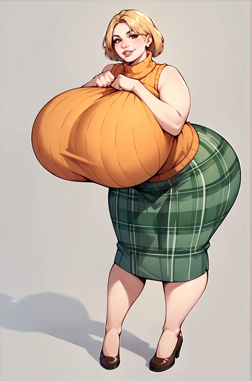 score_9, score_8_up, score_7_up, score_6_up, score_5_up, score_4_up, solo, thicc Ashely Graham from resident evil 4, ((mature mom)), short blonde hair, brown eyes, ((orange sleeveless turtleneck sweater with a burgundy sweater around her neck)), green plaid skirt, big thick full lips, ((pouted lips)), ((squinting eyes)), ((full body)), ((NSFW)), sexy, seductive, alluring, cute smile, joyful, (((arms's rest squeezing breasts))), (((gigantic breasts))), sagging breasts, big nipples, wide hips, thick thighs, huge ass