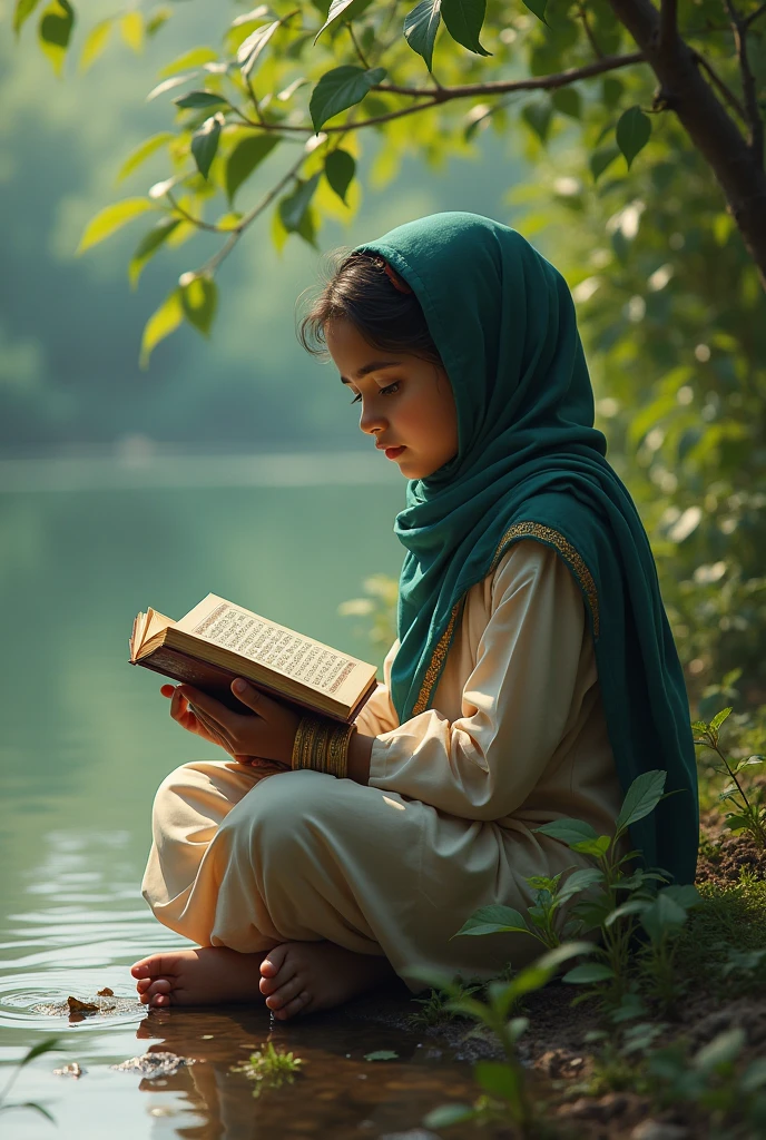A Bengali girl sit in a river side with a Quran in her hanf