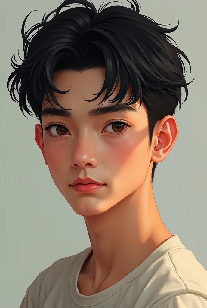 Give me a picture of a 17 year old human male face with black hair, brown eyes, thick eyebrows, no beard and cheeks.