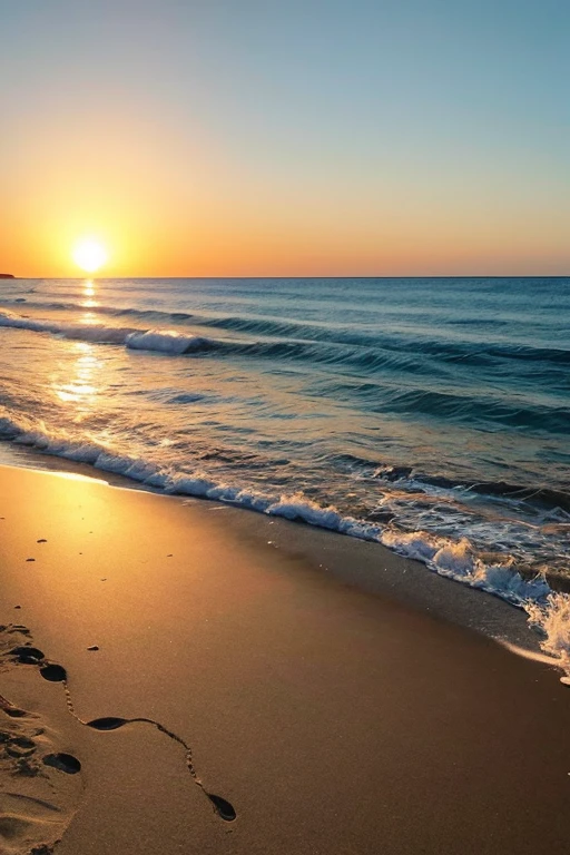 Highest quality、The beach where the sun sets、Orange sky、Shadow of a person