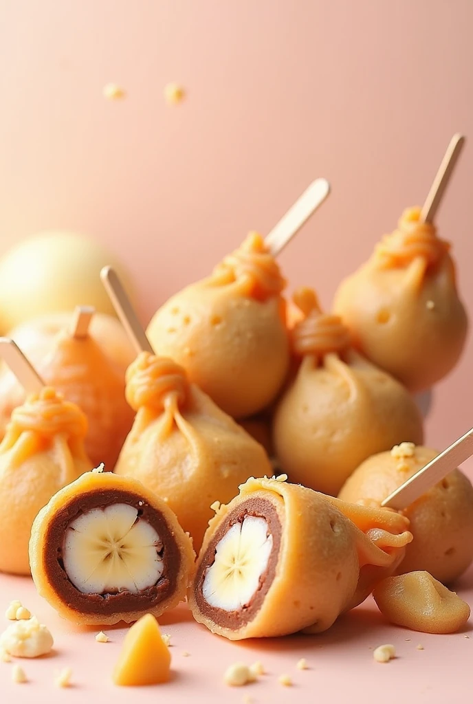 Make me an image of wrap pops. It’s a siomai wrapper with sweet fillings of ube-cheese, chocolate-banana, and mango-cream cheese. It’s ball and rectangular form