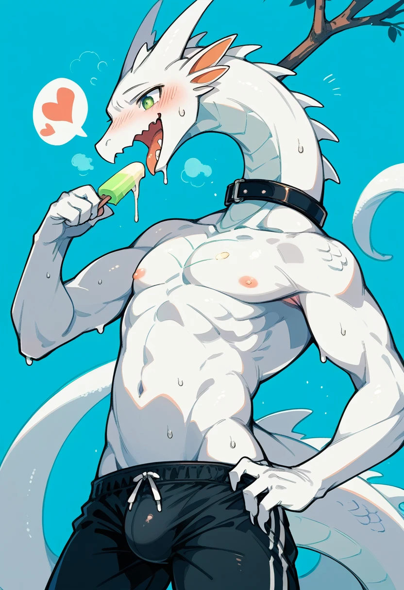 东方White Dragon（Species），White Dragon，Dark green eyes，Fit body，Dark personality，Bulge in pants，blush，sweat，Slobber，emaciated，Open your legs，Long neck，Milk flowing on face，Covered in milk，Shota，Swimming pants，open mouth，Stick out your tongue，Scales，Constraints，entangle，White cuttlefish tentacles，Heart pupil，Kneel down，Thin legs，sweat，Eat popsicles，White Dragon，Collar