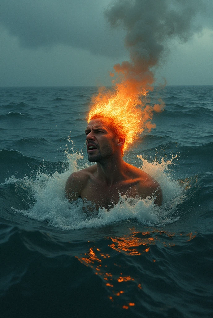 A man  drowning in sea and his head is burning and his thoughts gets out from him