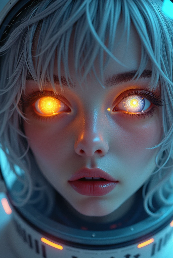 (Close-up of a better masterpiece:1.5)0.9], (Space and astronauts:1.2) (Messy silver hair:1.1) (Heterochromia xanthochromia and blue eyes:1.2) (Space Helmet:1.0) (Colored stars in the eyes:1.0) (A radiant glow:1.1) (thick lips:0.9)