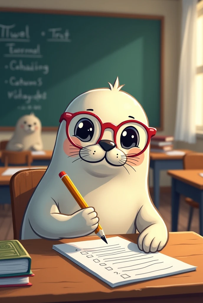 Imagine a drawing of a seal taking a test