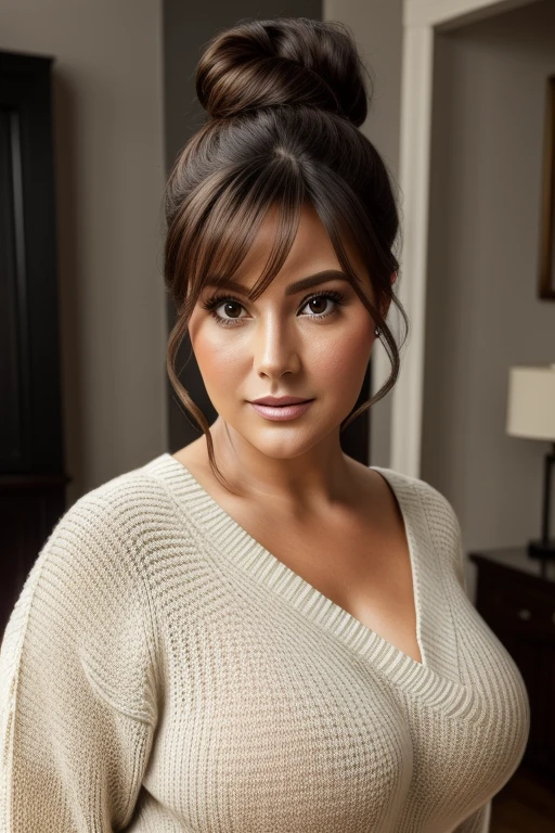masterpiece, (Realistic:1.4), Highest quality, Beautiful lighting,Eleanor 40 year old busty plus size model van jakes black hair sweater、Big neckline bun hairstyle