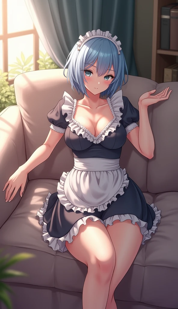 Rem, dressed in a maid's uniform, is relaxing on the sofa. Light blue hair, short hair, cleavage, short skirt.