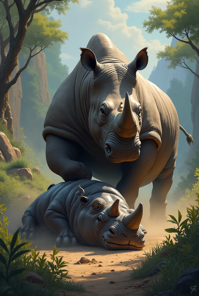Size: 1024x1024

/imagine prompt: A dramatic scene of a rhinoceros victorious over a hippopotamus in a wild and rugged setting. The rhinoceros stands triumphantly, showing strength and dominance, while the hippopotamus appears subdued. The environment is lush and vibrant, with detailed textures and dynamic lighting. 