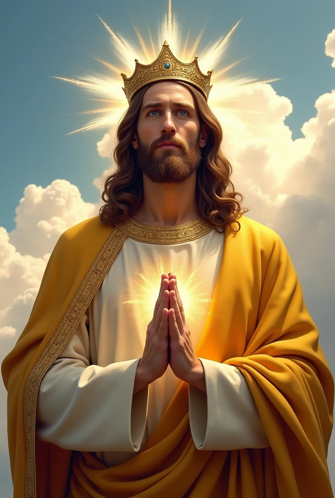 Perfect hand 5 finger, Portrait of a handsome Jesus Christ  with light in his head and heart sparkling all over. wearing the gold king clothes with king crown in the clouds, Jesus Christ, real blue eyes, sunny day, intricate details.real Jesus Christ, straight head face, Straight body.Prayer Jesus Christ, perfect full body,  perfect hands finger,Prayer Jesus Christ, praying Jesus Christ backgrounds natural photographic